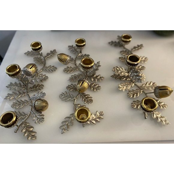 Silver & Gold Tone Horizontal Candlestick Stick Holder Leaf w Hazelnut Design - Picture 13 of 16